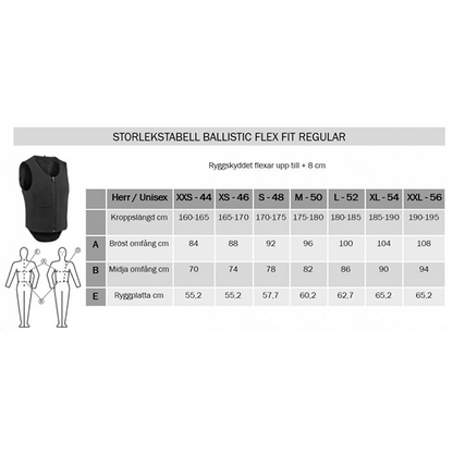 Komperdell Ballistic Flex Fit Regular storlekstabell